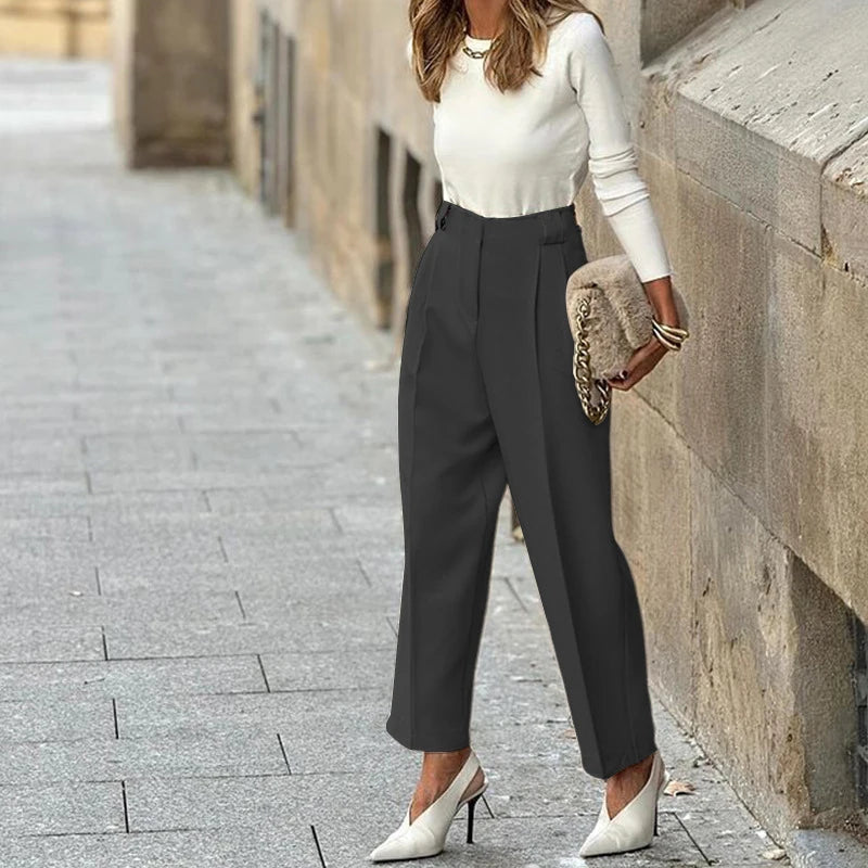 Button Fly Suit Pants for Spring High Waist Straight Trousers Autumn Pocket Formal Work Pants Mujer Harajuku