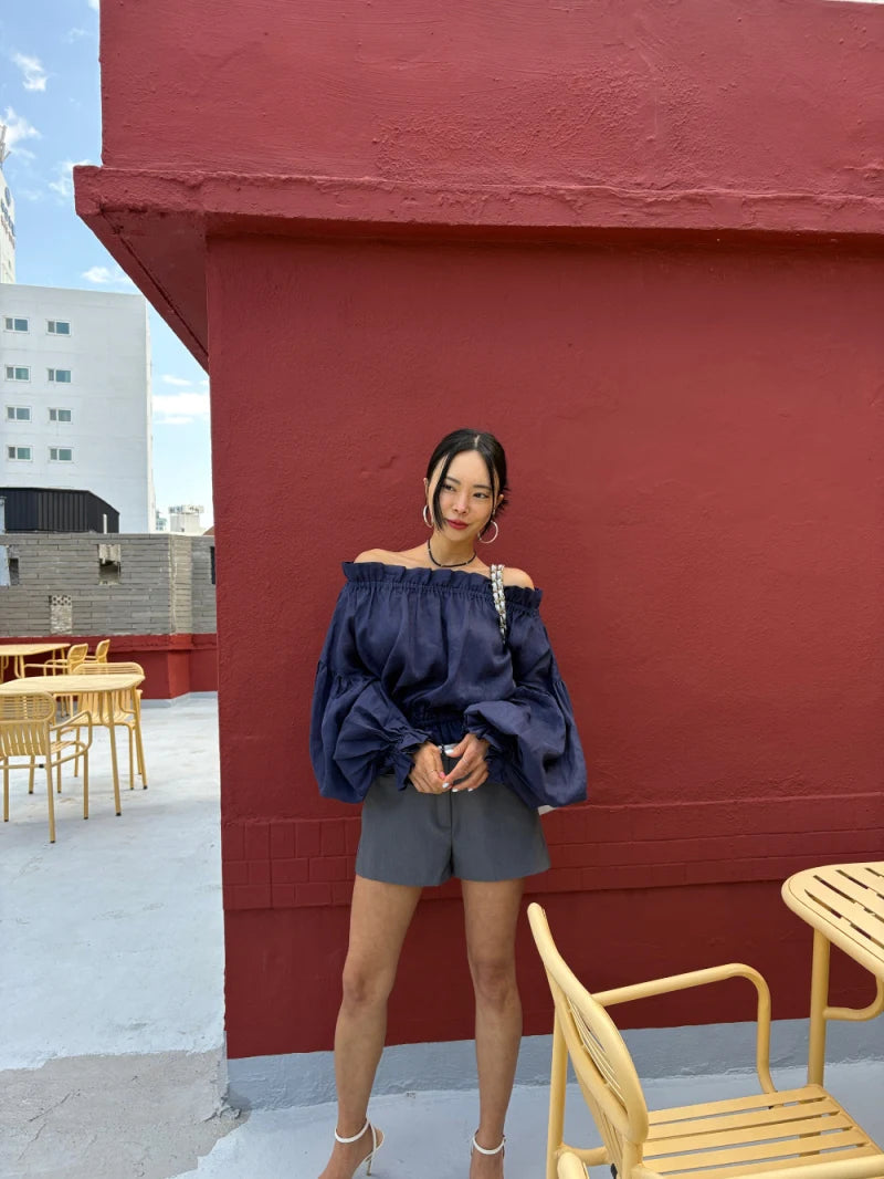 One Neck Wooden Ear Long Sleeved Sunscreen Shirt Spring Summer New Style Loose Thin Color Blouse Top