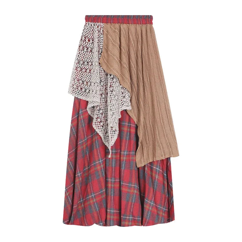 Contrast Color Patchwork Aline Skirt Spring New High Waist Hollow Loose Pleated Plaid Midlength Skirt