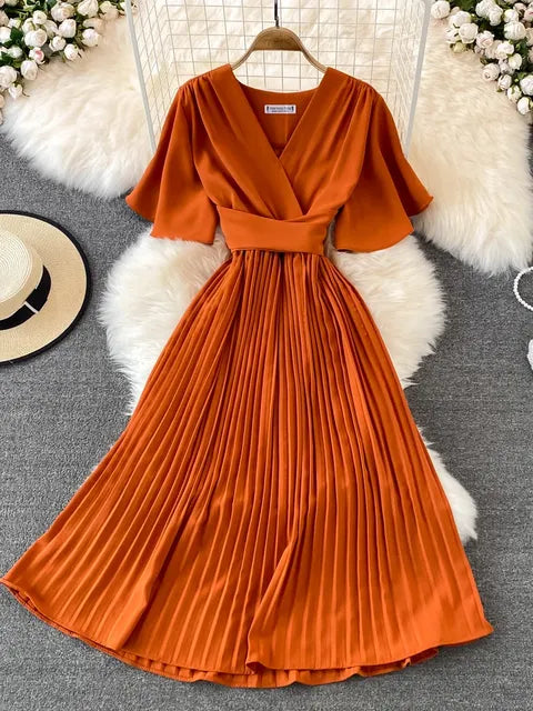 Pleated Dress Summer Short Sleeve V-neck Dresses a Line High Waisted Midi Dress