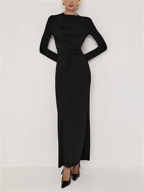 Pleated Slim Maxi Dress for High Waist Long Sleeve Bandage Autumn Dress Patchwork Long Dress