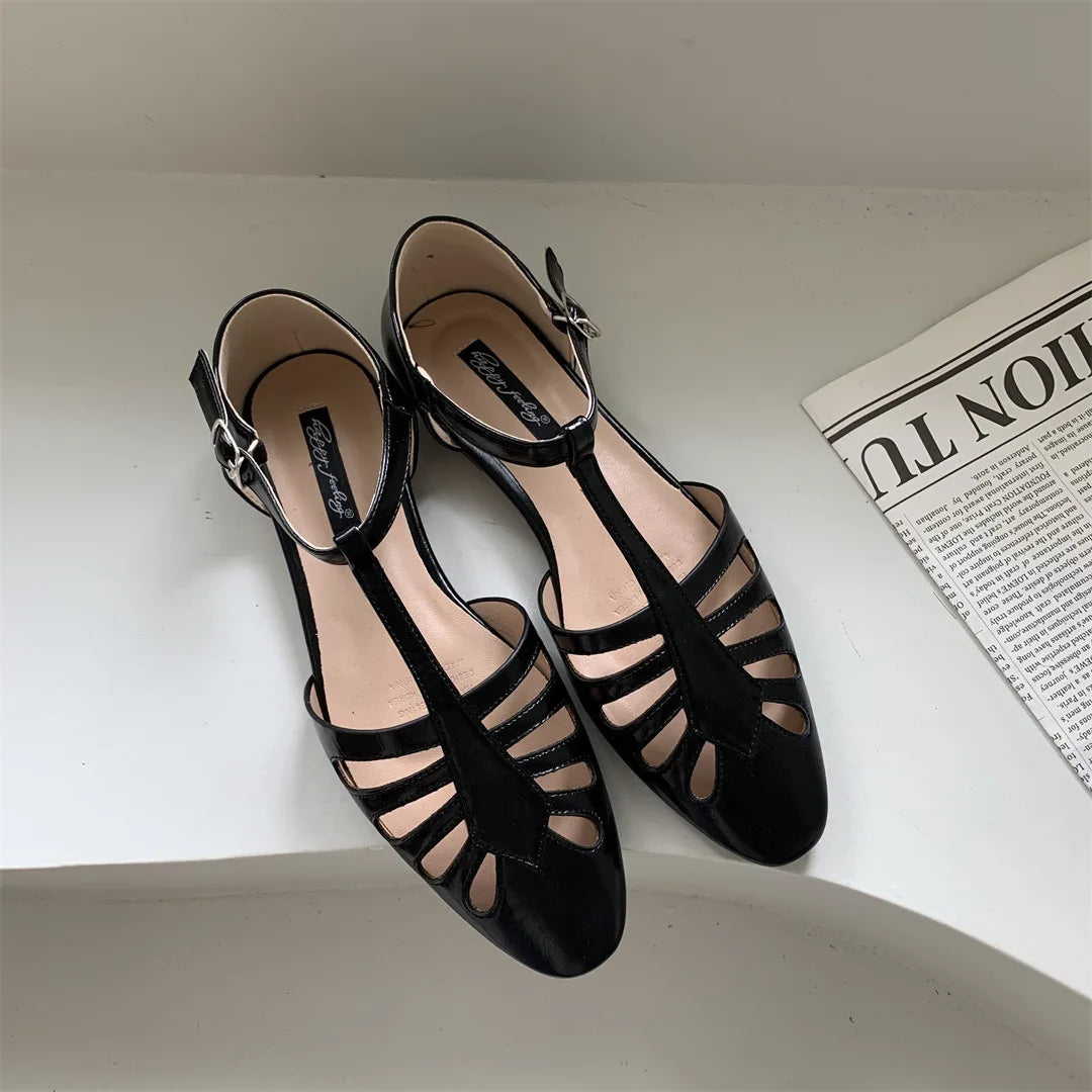 Tstrap Rome Flat Sandals Hollow Out Summer Mary Janes Shoes Pu Leather Holiday Gladiator Sandals