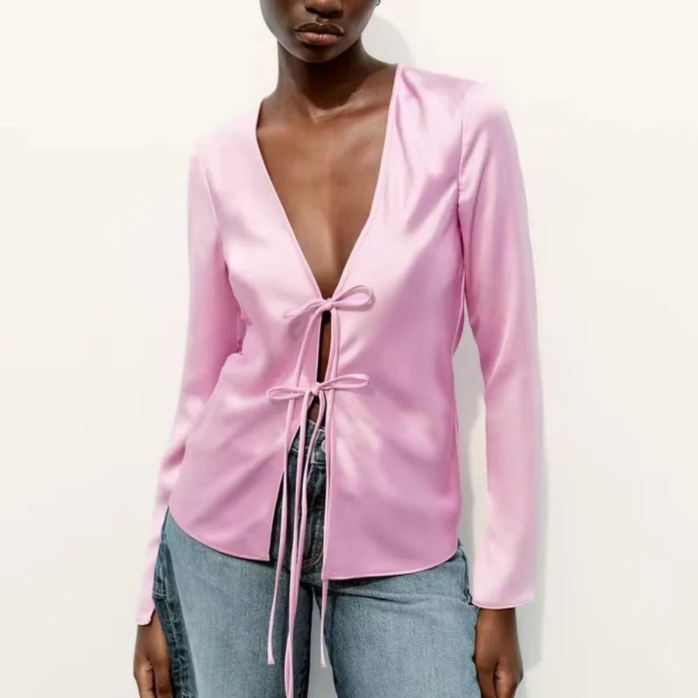 V-neck Tie Up Bow Silk Satin Blouse