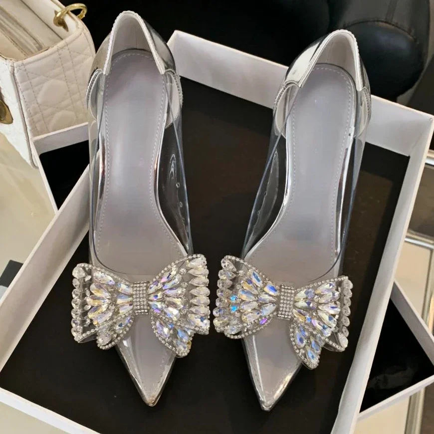 Rhinestone Bow Pvc Transparent High Heels Hollow Party Dress Shoes Female Pointed Toe Heeled Sandals