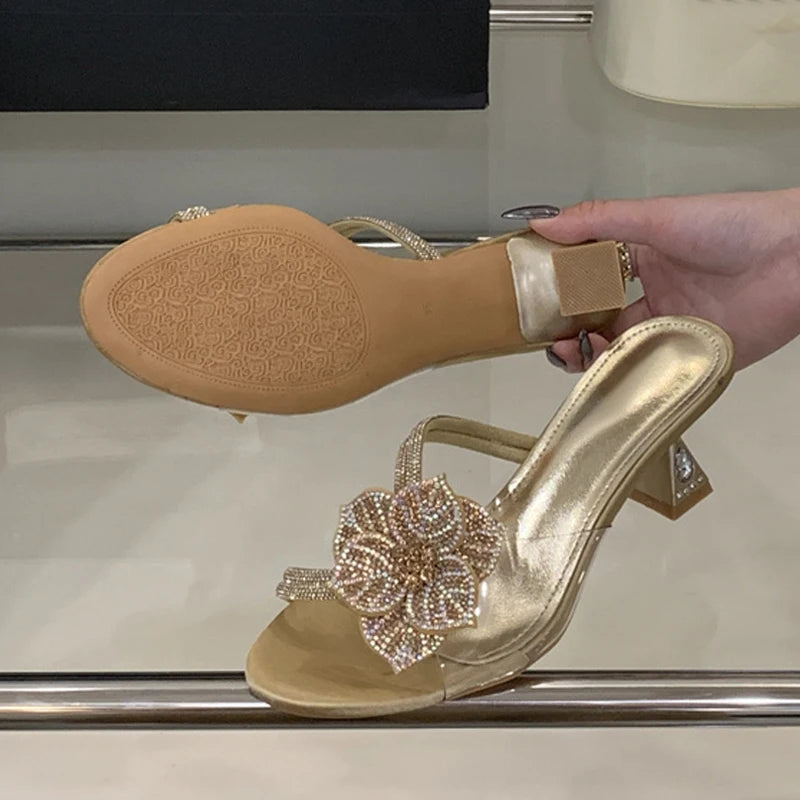 Outdoor Party Crystal Flower Slipper Transparent Sandal Rhinestone Low Heels Mules Slide Shoes Zapatos Mujer
