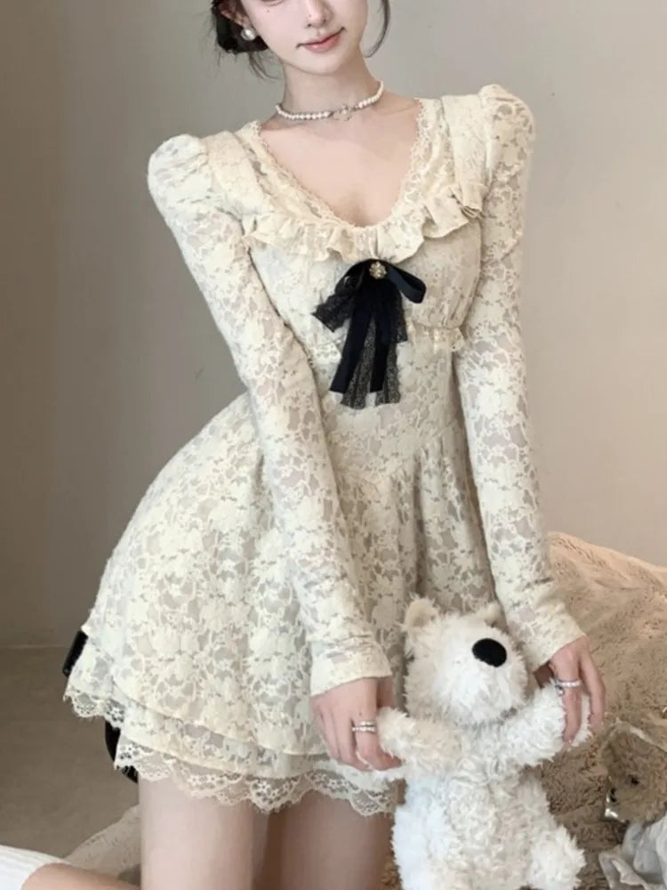 Korean Sweet Lace Dress for Bow Long Sleeves Birthday Party Mini Dresses Spring Female Aline Short Vestidos Mujer