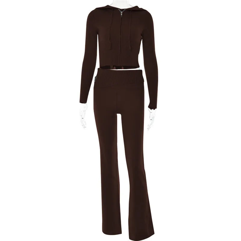 Knitted 2 Piece Sets Tracksuit Long Sleeve Zipper Hooded Sweater Crop Top Flare Pants Stretch Matching Suit Outfit