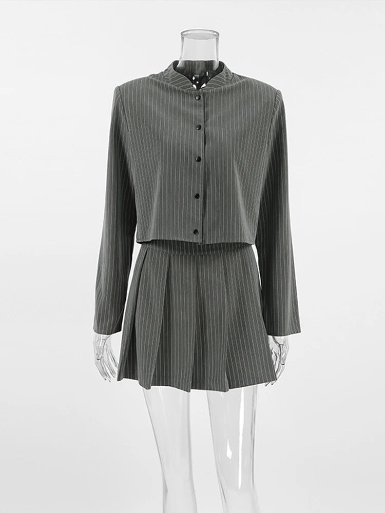 Striped Short Jackets Skirts Set Long Sleeve Suit Coat Mini Skirt Sets Female Gray Outfits