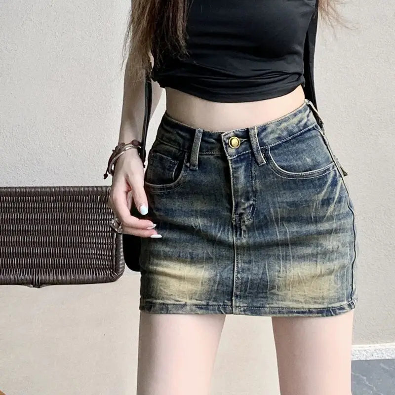 Embroidery Denim Half Skirt Summer Skirt Water Wash Elastic Wrap Hip Short Skirt