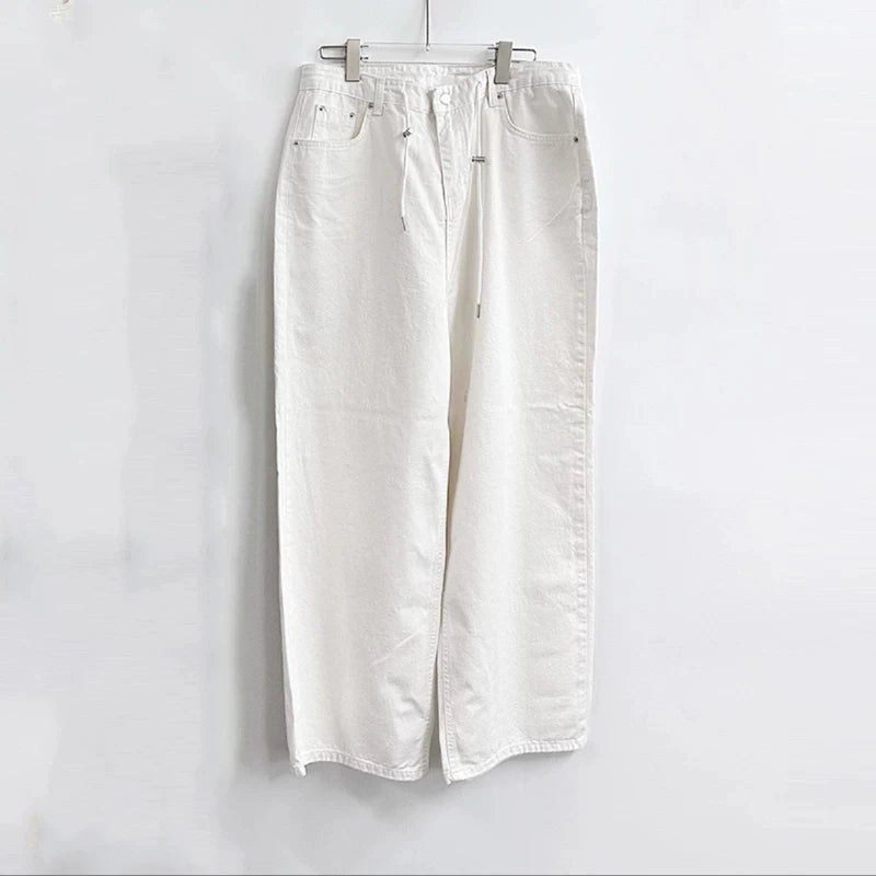 Korea High Waist Jeans New Drawstring Loose All Match Trousers Blue Design Wide Leg Pants Autumn