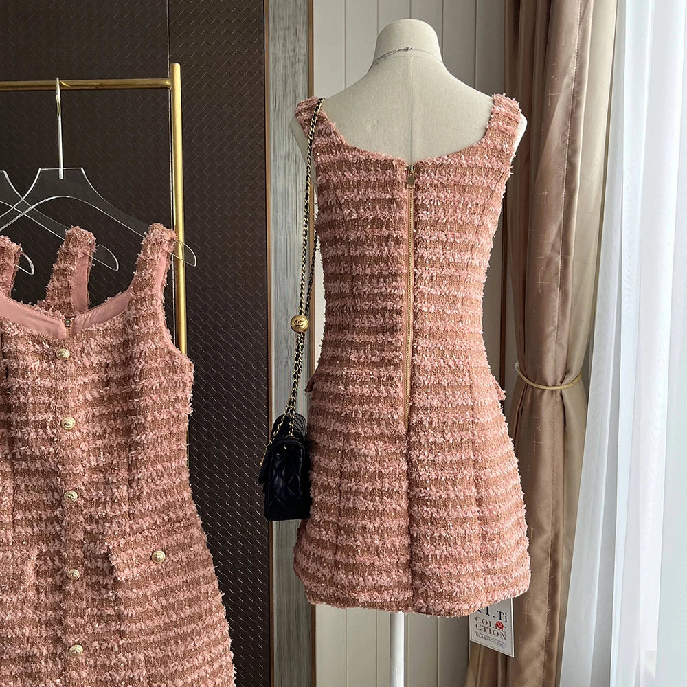 Korean Small Fragrant Tweed Dress Spaghetti Strap V Neck Woven Tassel Gold Button Mini Dresses Clothes for Woman