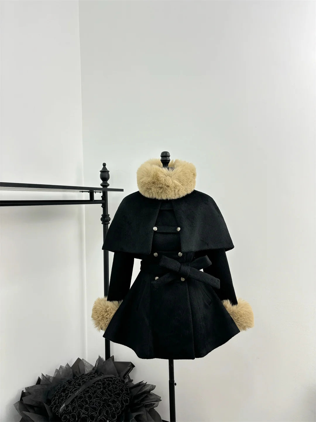 Sweet Hot Girl Detachable Cape Woolen Coat Autumn/winter Slim Fur Double Breasted Aline Coat Female Clothes