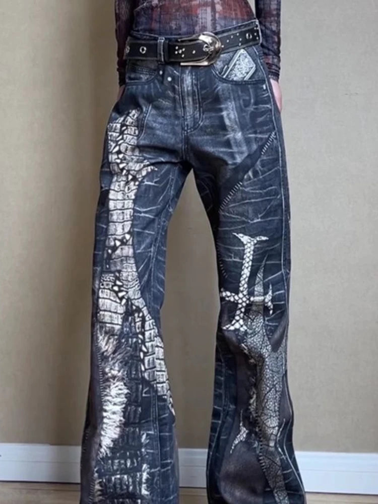 Retro Snake Printed Flared Jeans Cross Print High Waist Mujer Do Old Boot Cut Denim Pants Hip Hop Y2k Bottoms