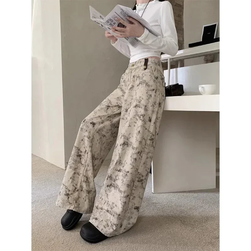 Contrast Color Patchwork Wide Leg Pants Autumn New Korean High Waist Allmatch Tiedye Loose Jeans