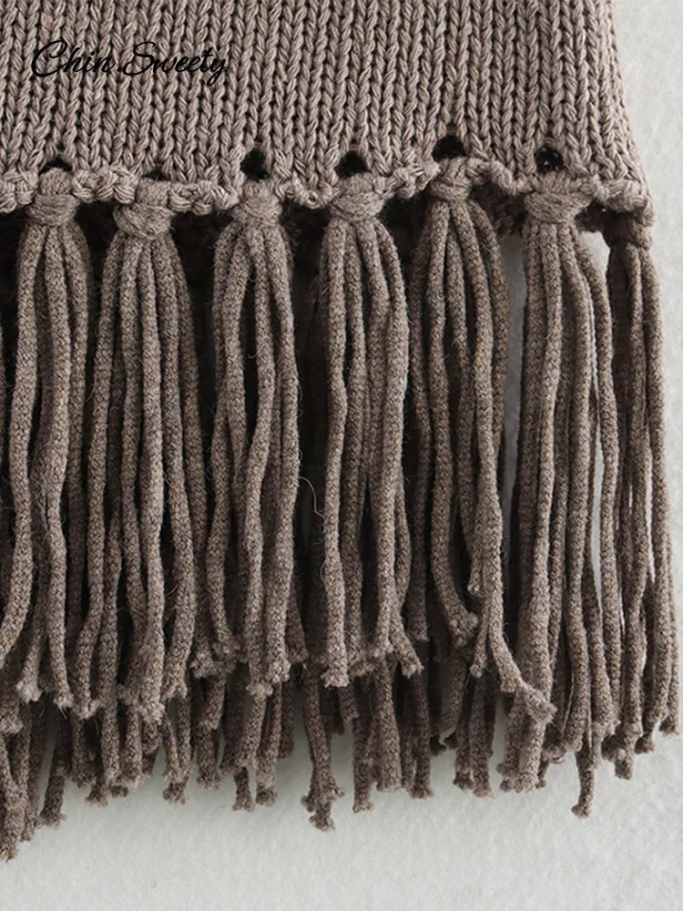 Street Tassel Knitted Vest Sweater for Half-high Collar Sleeveless Slim Fit Tank Top Female Spring Lady Soft Outwear