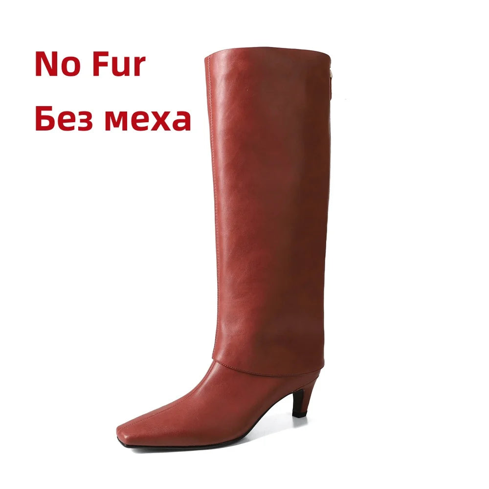 Ins Knee High Boots for Genuine Leather High Heels Winter Shoes Office Lady Long Booties