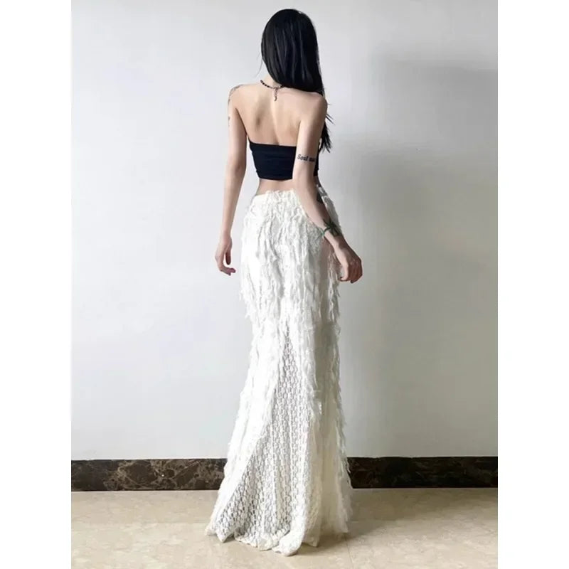 Korean High Waist Color Allmatch Midlength Skirt Winter New Tassel Stitching Aline Skirt