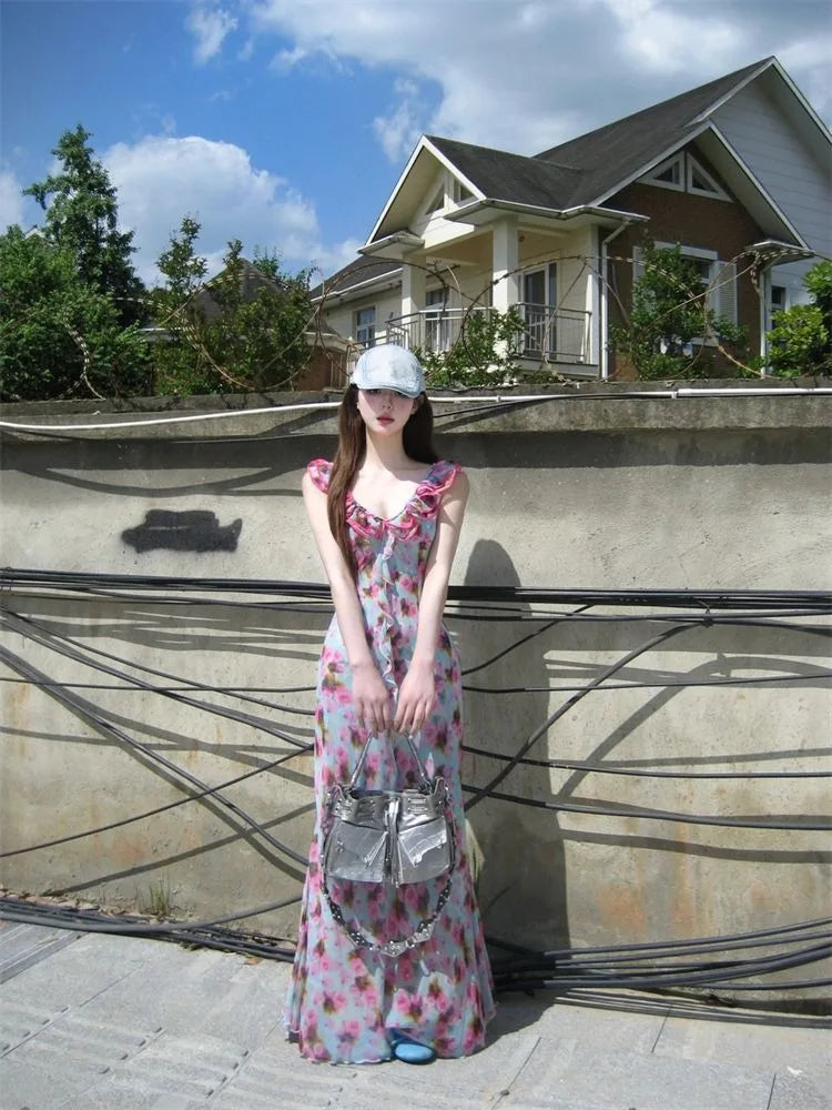 French Vneck Ruffle Dress for Summer New Unique Evening Party Dresses Vacation Style Waist Long Dress