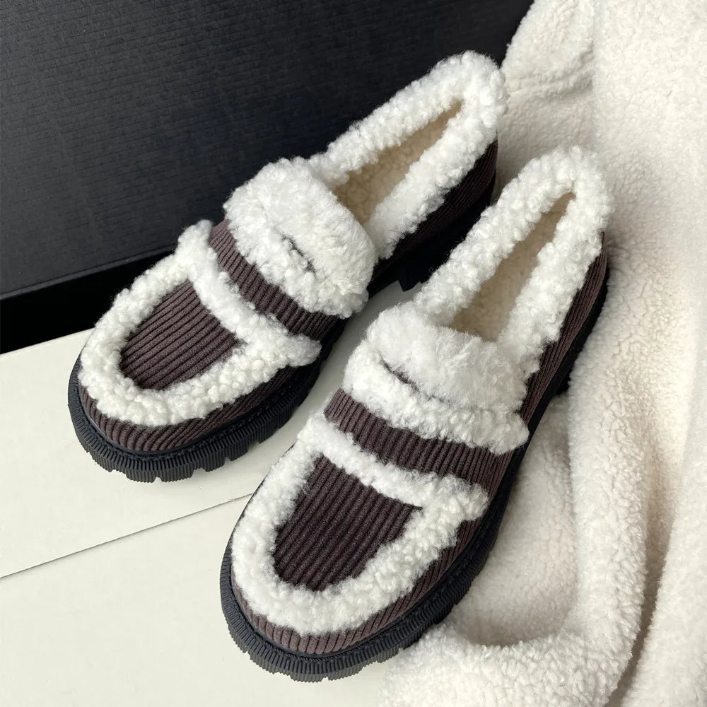 Autumn Winter Pumps Thick Heels Round Toe Warm Shoes Woman Loafers Office Lady Working