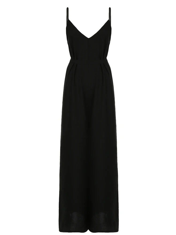 Sleeveless V Neck Loose Black Jumpsuits for Backless Vacation Wide Leg Rompers Spaghetti Strap Overalls