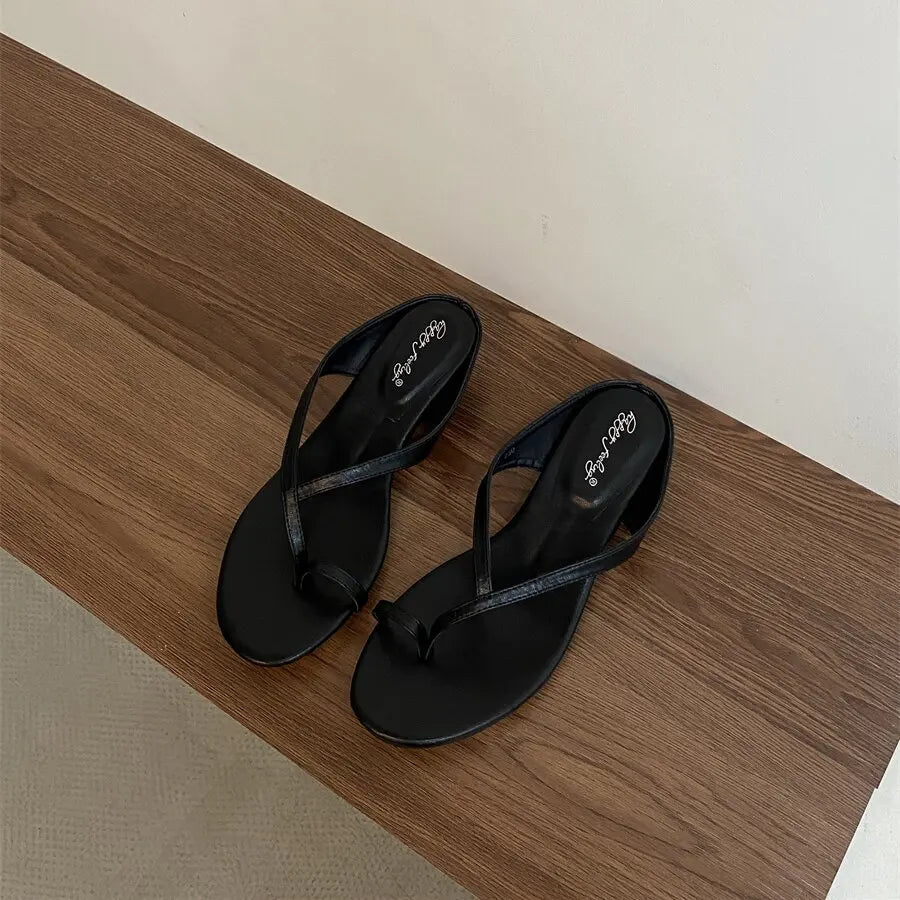 Summer Square Low Heel Slipper Narrow Band Sandal Outdoor Beach Slides Shoes Big Size 40