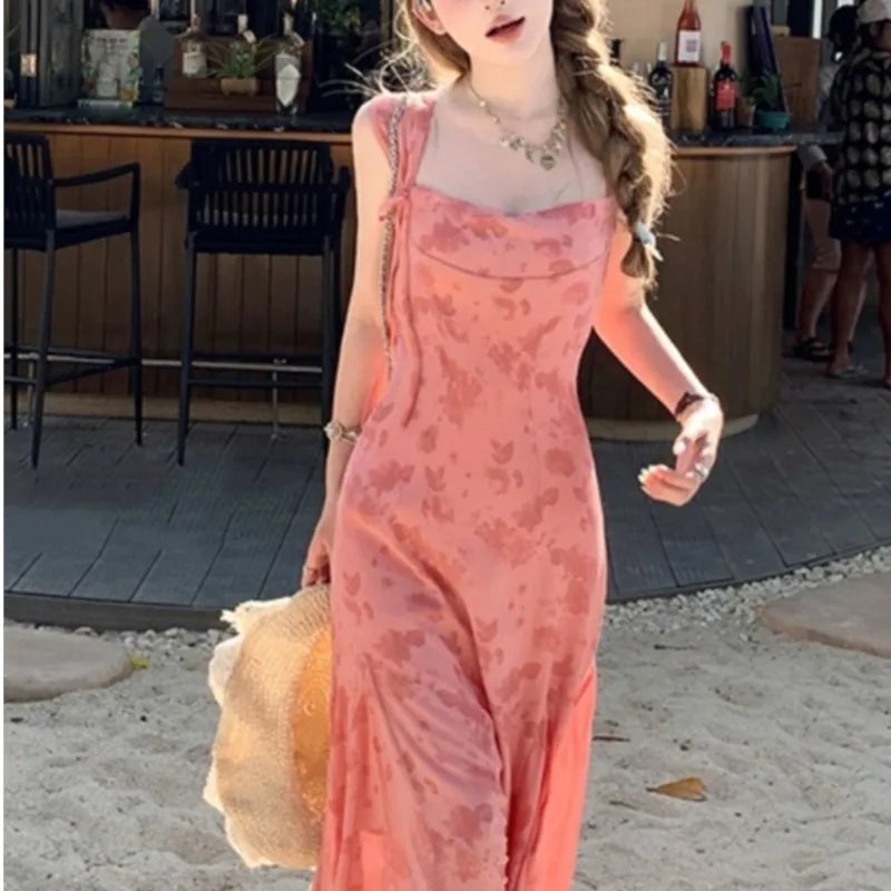 Y2k Spaghetti Strap Dress New Print Midi Dress Female Korean Slim Beach One Pieces Vestidos