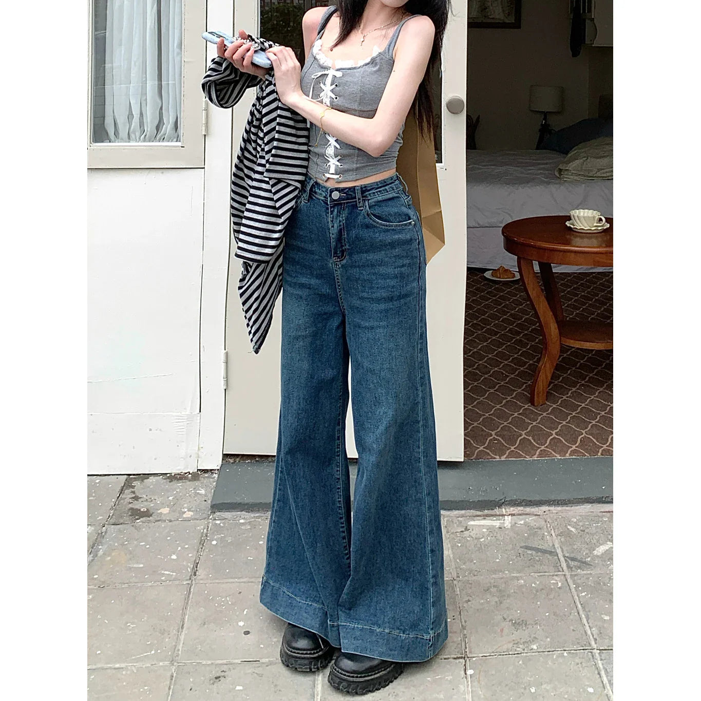 Blue Jeans High Waist Straight Winter Y2k Classic Denim Pants American Wide Leg Baggy Denim Trouser