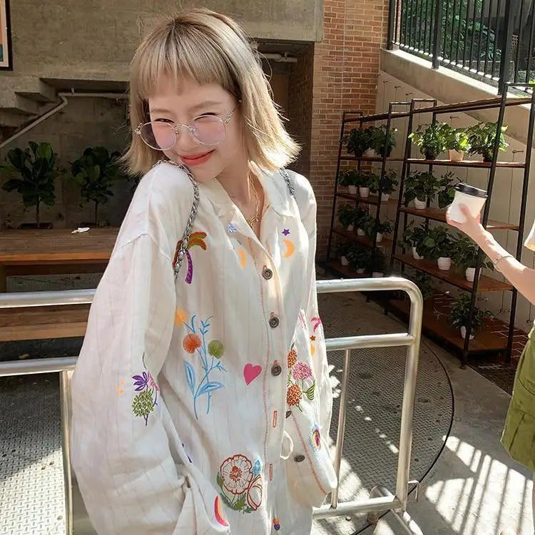 Sweet Embroidery Loose Shirts Stripe Lapel Blouses Two Piece Set Korean Blusa Mujer Moda