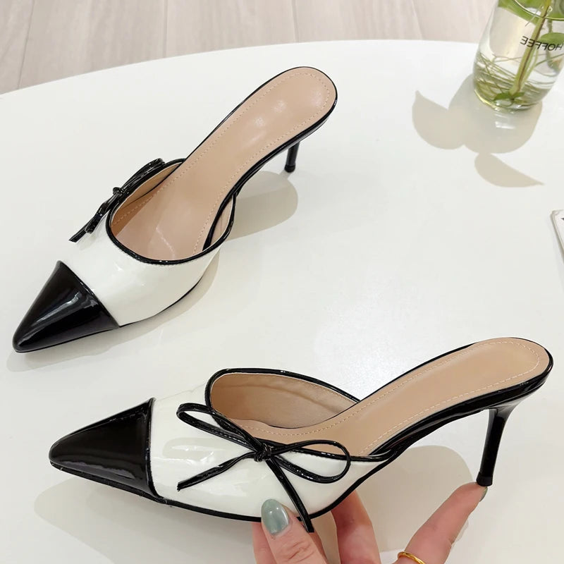 Butterflyknot Pointed Toe Mule Slippers Thin Heels Party Dress Female Shoes