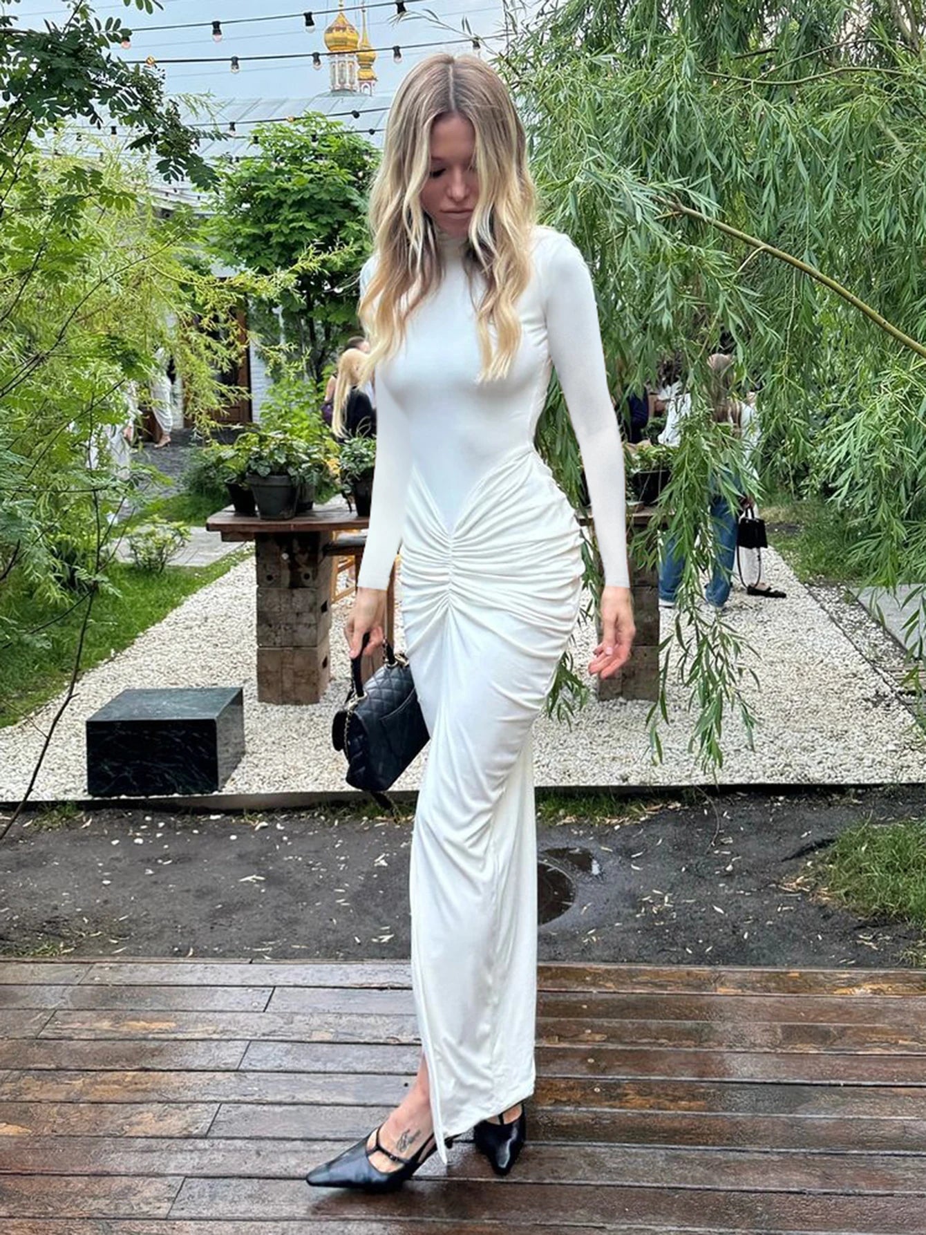 Turtleneck Draped Slit Maxi Dress