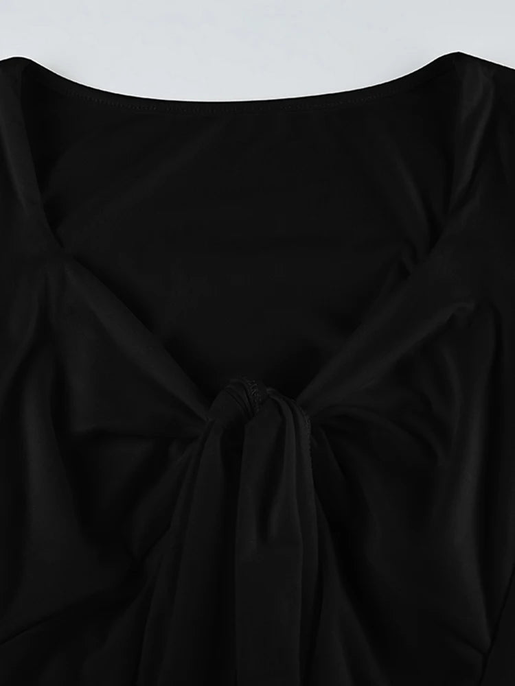 Black Tie V Neck Split Slim Blouses Flared Long Sleeve Basic Spring Autumn Shirts