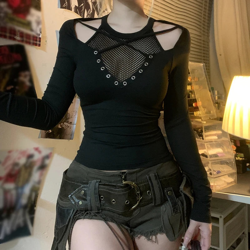 Gothic Style Fishnet Patchwork T-shirt Grommet Eyelet Black Off Shoulder Fitted Top 2000s