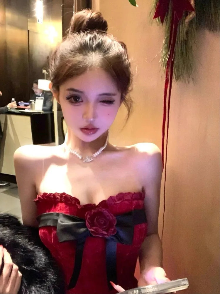 Dresses Bow Flowers Strapless Ruffles Patchwork Velvet Backless Slim Ball Gown Mini Dress Party Sweet