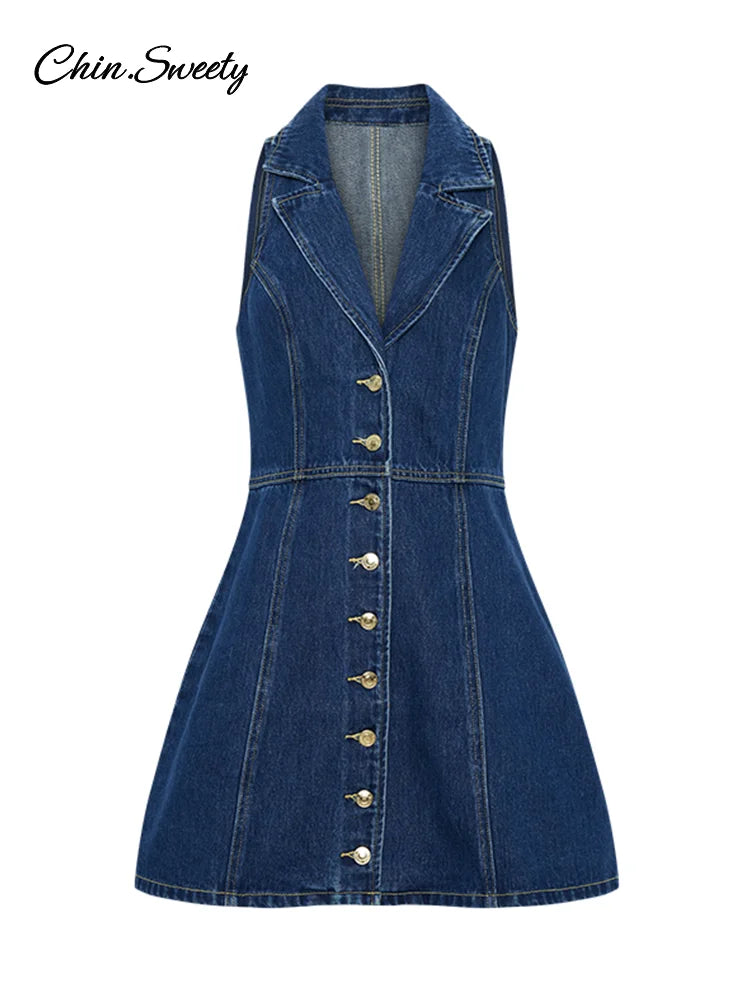Denim A-line Mini Dress Deep V-neck Sleeveless Single Breasted High Waist Short Dresses Summer Slim