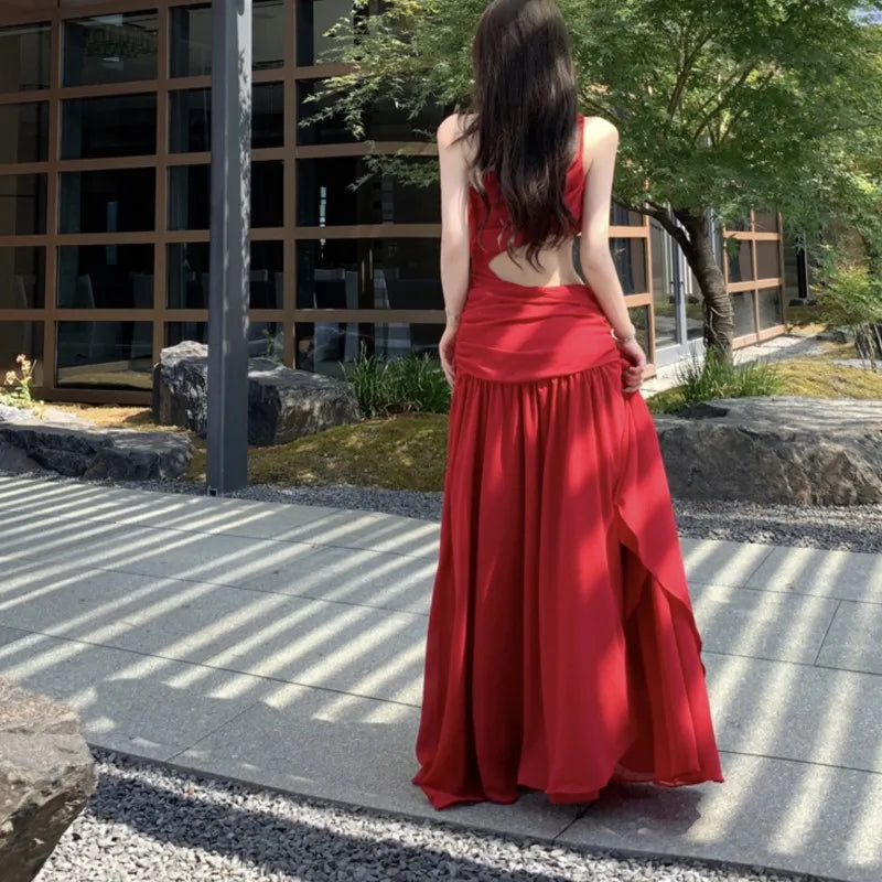 Fairy Beach Style Aline Maxi Dresses for Sleeveless One Shoulder Crop Ruffles Y2k Party Long Dress Vestidos