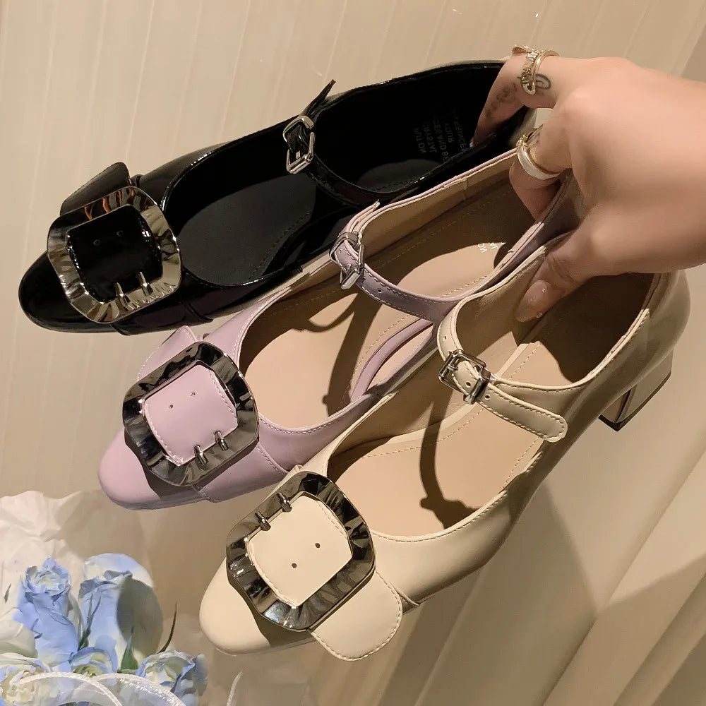 Patent Leather Mary Jane Pumps 5cm Thick Med Heel Round Toe Big Metal Buckle Decoration Heeled Dress Shoes for Hot