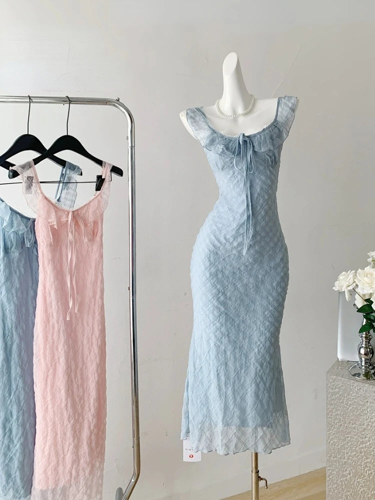 French Midi Dress Evening Party Beach Dress Korean Bodycon 2000s Y2k Clothing Outwear