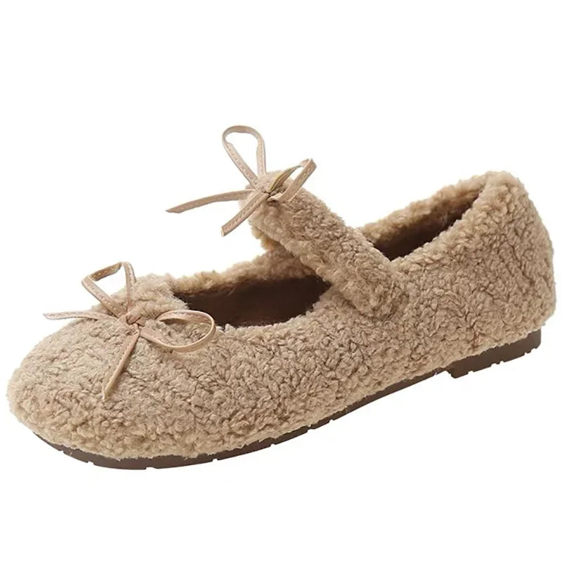 Autumn Winter Ballet Loafer Flat Shoes Female Flats Loafers Fur Round Toe Brand Design Teddy Outdoor Shoes