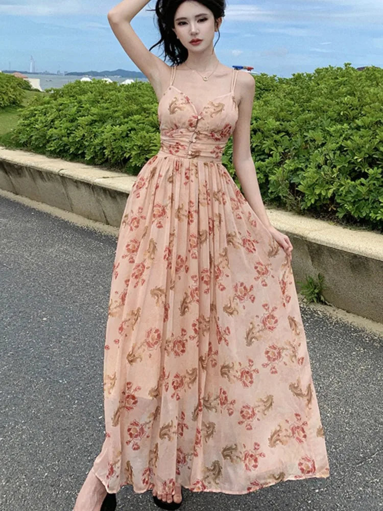 Summer New Spaghetti Strap Long Dresses for Backless A-line Beach Style Korean Party Dress Vestidos