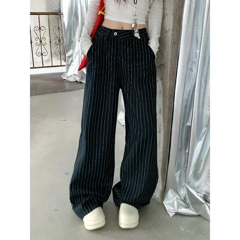 Contrast Color Striped Jeans Autumn New American High Waist Loose Allmatch Denim Wide Leg Pants