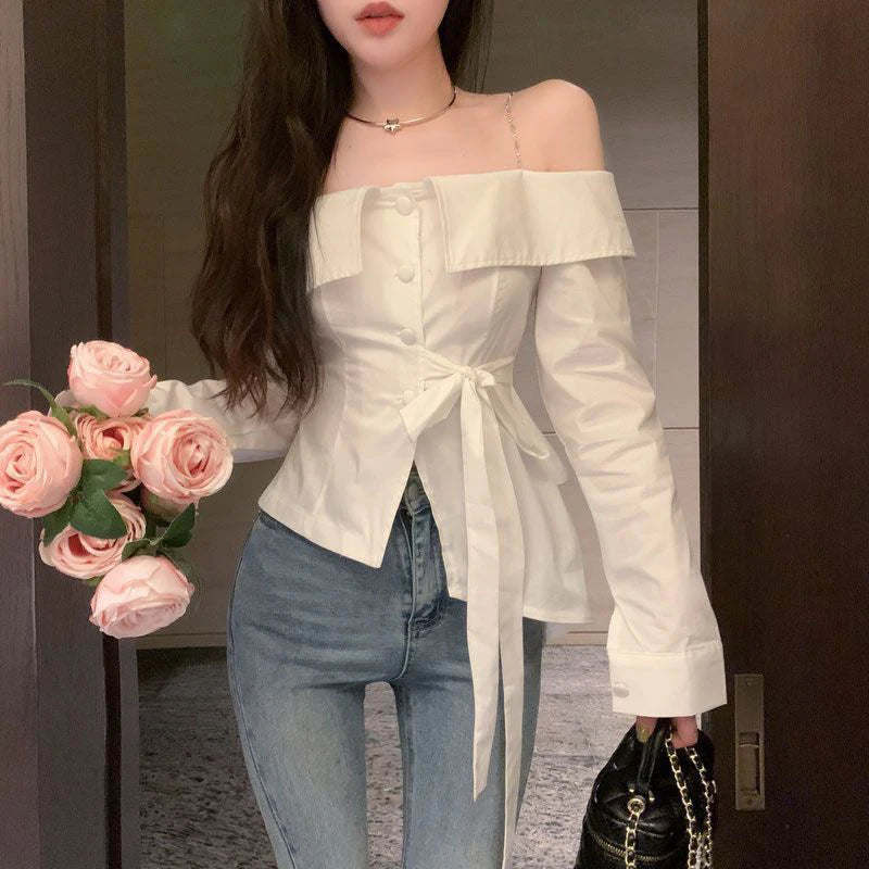 Slash Neck Shirts Ruffles Bandage White Blouses Korean Chain Long Sleeve Design Slim Tops New