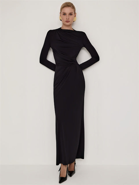 Autumn Pleated Long Dress Female High Waist Slim Bandage Commute Clothes Y2k Maxi Dress