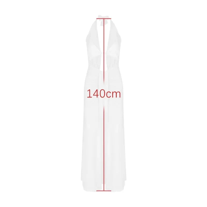 Halter Neck Hollow Long Dress White Pleated Backless Evening Dress Lace Up Sleeveless Long Dress