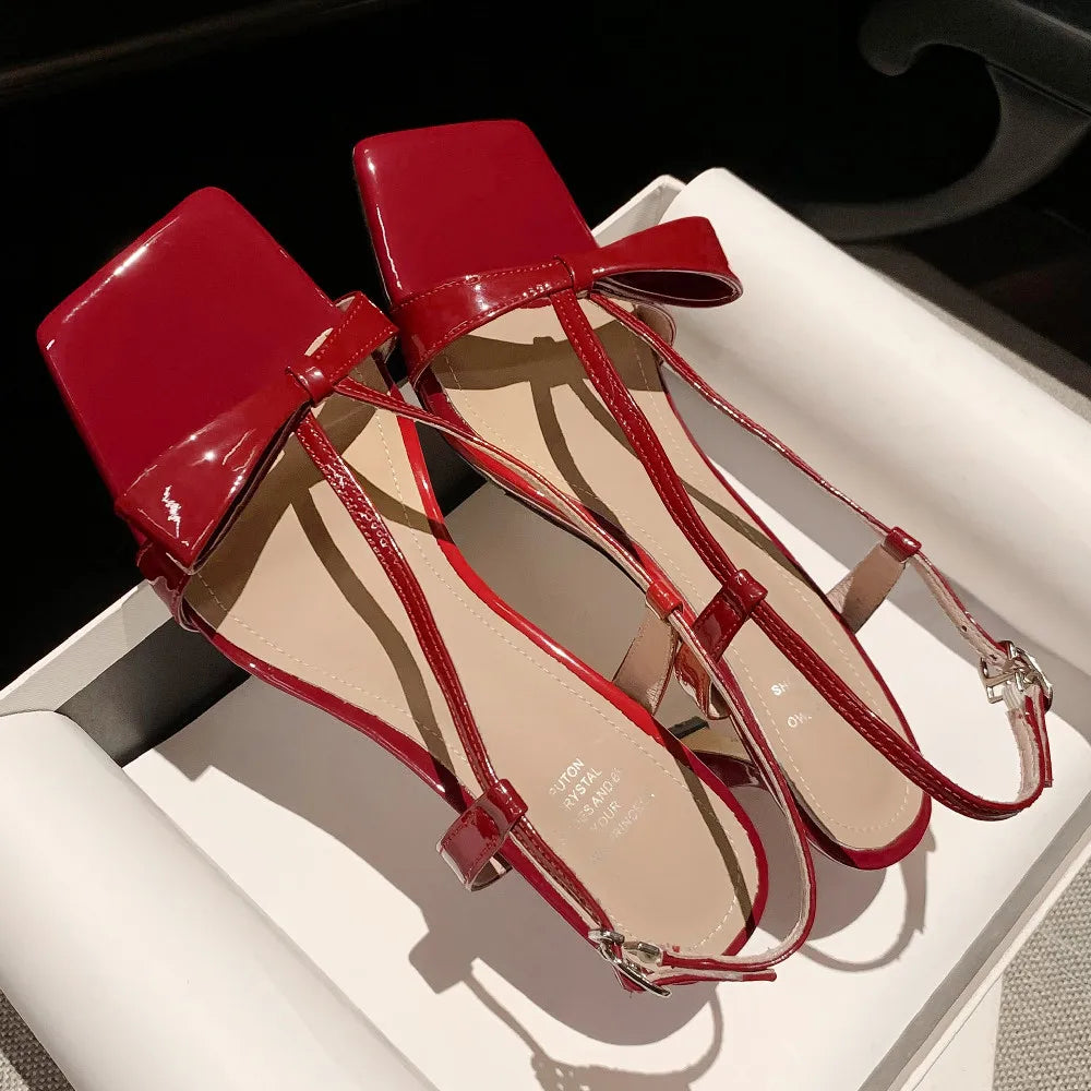 Patent Leather Narrow Band Thin High Heel Cross Strap Sweet Bowtie Sandals Summer Pumps Shoes