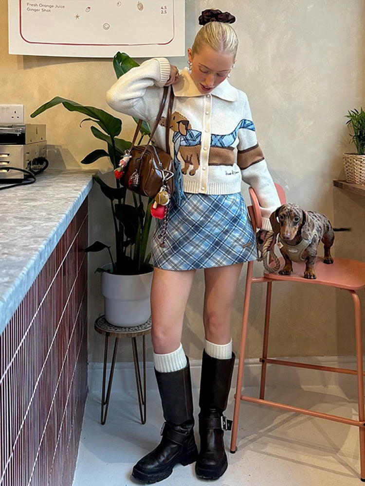 Knitted Printed Dog Cardigan Lapel Single Breasted Short Sweaters Female Autumn Street Knitwear