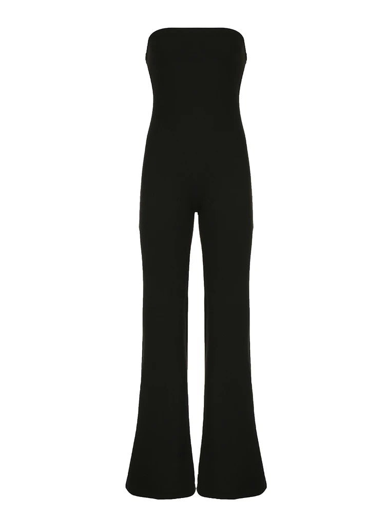 Black Strapless Long Jumpsuits for Slim Wide Leg Flared Rompers Simple Vacation Overalls