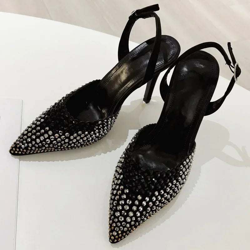 Rhinestones Pointed Toe Thin High Heels Hollow Buckle Designer Brand Sandals Female Banquet Party Shoes
