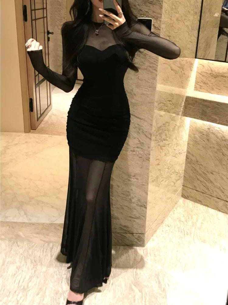 Mesh Maxi Dresses for Bodycon Long Sleeve Mermaid Evening Party Dress Prom Robe Black One Piece Vestidos Mujer New