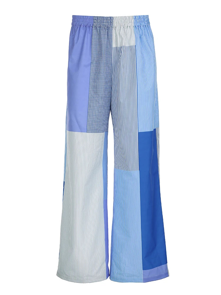 Grunge Aesthic Color Block Blue Stripe Baggy Trousers for Elastic Waist Loose Woven Pants Lazy Homewear