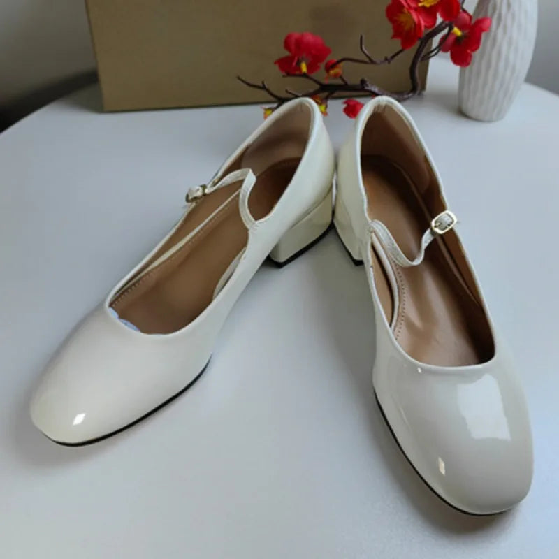 Patent Leather Mary Jane Shoes for Spring White Chunky Low Heels Brand Designer Dress Office Lady Pumps